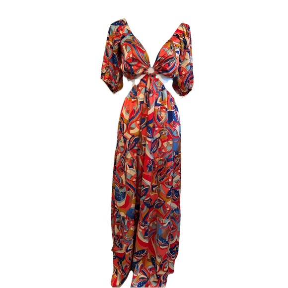 Acoa Vici Satin Multicolor Side Cut Out Maxi Dress Lined Tiered Puff Sleeve Sz L - Picture 1 of 10